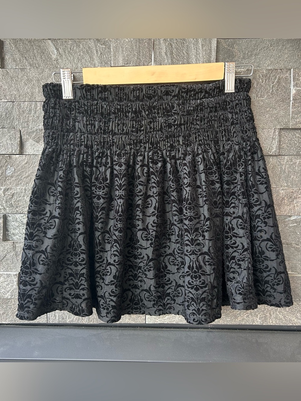 Kimchi Blue - Black Velvet Damask Smocked Mini Skirt